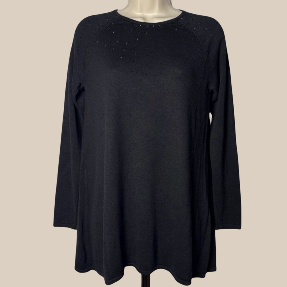 J. Jill Black Wool Blend Tunic Sweater Rhinestone Embellished Crew Neck Raglan